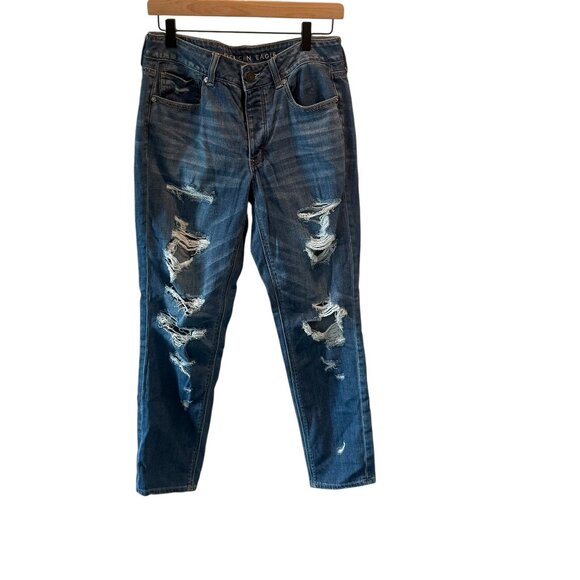 American Eagle Tom Girl Ripped Distressed Button Fly Med Wash Jeans - Picture 1 of 13